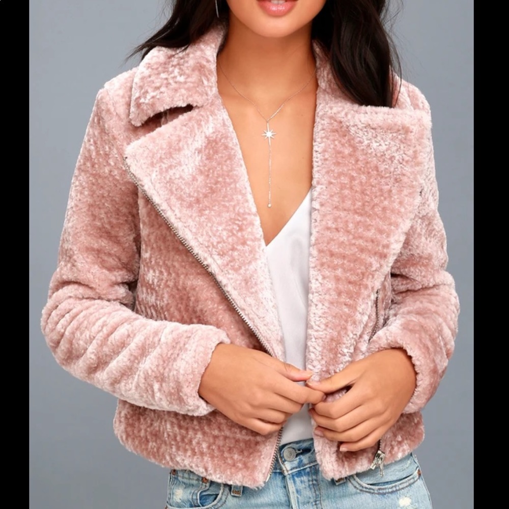 Lulu’s Cozy Business Pink Faux Fur Moto Jacket S - Picture 1 of 12